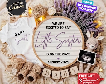 Digital Baby Girl Pregnancy Announcement Template, A Little Sister Reveal, Little Girl Reveal, Editable Social Media Little Sister Reveal