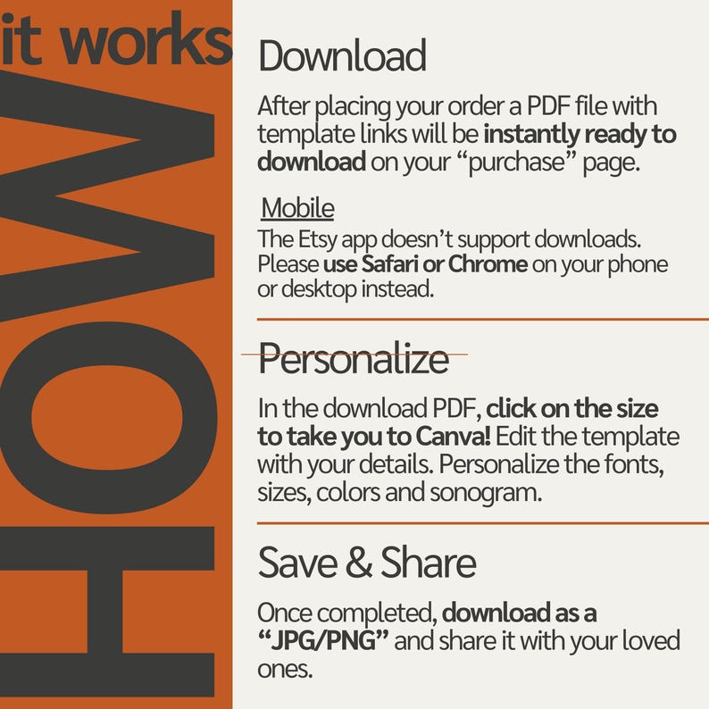 May include: An orange and white graphic with the words "it works" and "HOW" in large, bold letters. The text explains how to download, personalize, and save a template from a PDF file.