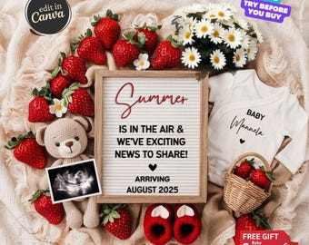 Summer Baby Announcement, Strawberry Pregnancy Announcement Digital, Social Media Gender Neutral Reveal Editable Template Summer Baby Reveal