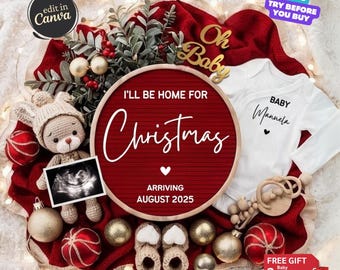 Ich werde zu Weihnachten zu Hause sein Schwangerschaftsankündigung, Feiertags-Babyankündigung, Baby-Gender Reveal Digital, Canva-Vorlage, fällig im Dezember