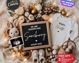 May include: An announcement of a baby's arrival, featuring a letter board with the text "We are eggspecting Somebunny August 2025", a white onesie with the name "Charlotte", and a plush bunny.