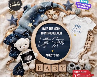 Space Pregnancy Announcement Digital, Baby Announcement, Moon Baby Reveal, Social Media Gender Reveal, Baby Boy Announcement, Little Star