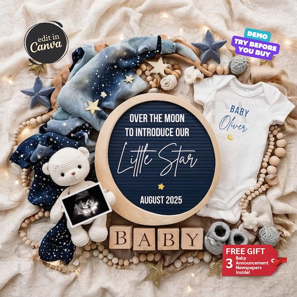Anuncio digital de embarazo espacial, anuncio de bebé, revelación de bebé lunar, revelación de género en redes sociales, anuncio de bebé niño, Little Star