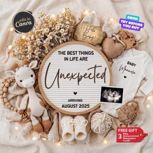 Spring Baby Announcement, Pregnancy Announcement Digital, Baby Reveal, Editable Social Media Template, Neutral Baby Reveal Ideas, Unexpected