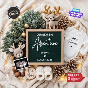 Adventure Pregnancy Announcement Digital, Simple Mountain Baby Boy Reveal, Editable Template Social Media Gender Reveal, Outdoorsy, Reindeer