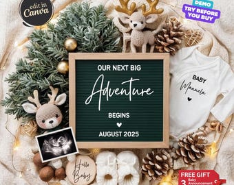 Adventure Pregnancy Announcement Digital, Simple Mountain Baby Boy Reveal, Editable Template Social Media Gender Reveal, Outdoorsy, Reindeer