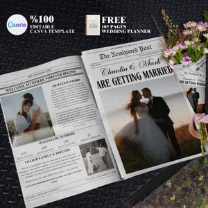 May include: A wedding announcement in the style of a newspaper with the headline "The Newlywed Post" and the text "Claudia & Mark Are Getting Married". The announcement features a photo of the couple in a field, with the date of the wedding printed below.
