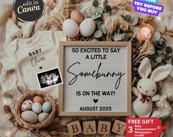 May include: A white onesie with the text "BABY Oliver" and a small ultrasound image. A white bunny toy sits next to a letter board with the text "SO EXCITED TO SAY A LITTLE Somebunny IS ON THE WAY! AUGUST 2025".  Wooden blocks spell out the word "BABY".