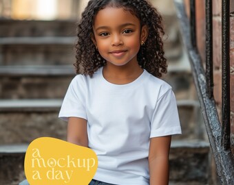 Black Girl Bella Canvas White T-Shirt Mockup | Kid Lifestyle (PNG)