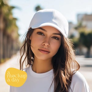 Baseball cap mockup | Downloadable digital mockup | Dad hat mockups | High-resolution image | White hat | Female model mockup | Mock up cap