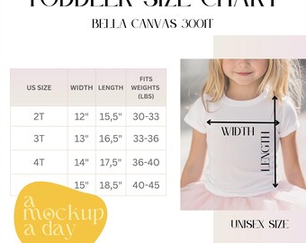 Puede incluir: Tabla de tallas para niños pequeños para camisetas Bella Canvas 3001T. Incluye medidas para las tallas 2T a 4T, con ancho y largo en pulgadas, y peso en libras. La tabla también incluye una foto de un niño con una camiseta blanca. Talla unisex.