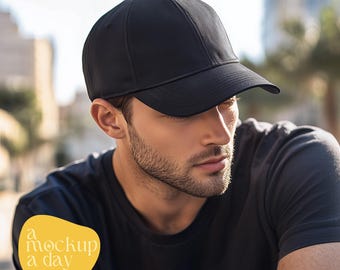 Black hat mockup | Dad hat mockup | Male model hat | AI photo | Baseball cap mockup | side stitch | Male black hat mockup