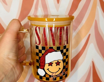 READY TO SHIP 16oz Yellow Santa Baby Christmas Glass Mug, Coffee Cup, Christmas Cup, Unique Gifts, Colored Glass Mug, Checkered Santa Smiley