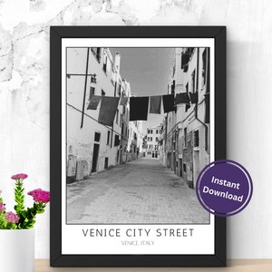 Poster della strada della città di Venezia in bianco e nero, stampa di Venezia, poster di viaggio in Italia, poster stampabile di Venezia, download digitale ad alta risoluzione