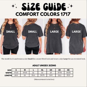 The image is a size guide for a t-shirt, showing the different sizes available for the model. The model is 5'4" and wears a size Small for a more fitted look and wears a size Large for an oversized look. The guide provides measurements for each size, including waist, hips, bust, shoulders, and length.
