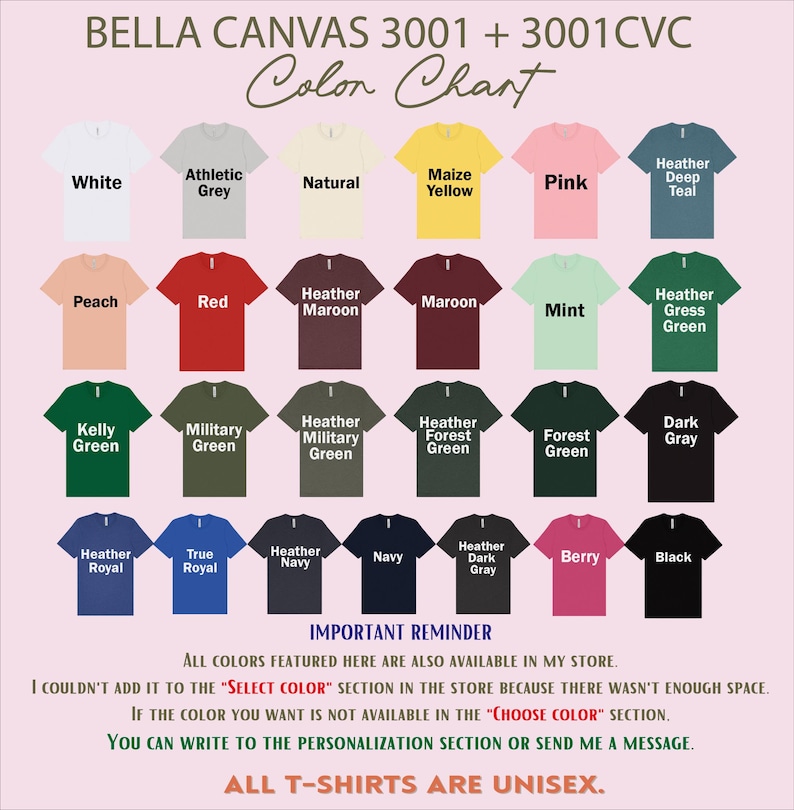 a color chart for various t-shirt colors, including white, athletic grey, natural, Maize Yellow, pink, peach, red, maroon, mint, green, forest green, dark grey, and berry. The chart provides a visual representation of the different color options available for t-shirt designs.