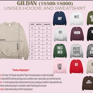 The image is a collage of various unisex hoodie and sweatshirt designs, including sizes, colors, and styles, along with their corresponding measurements.