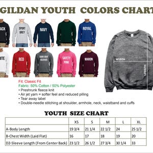 The image is a colorful youth colors chart and a youth size chart, both providing information about the sizes and fits of various clothing items.