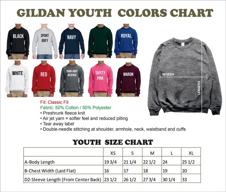 The image is a colorful youth colors chart and a youth size chart, both providing information about the sizes and fits of various clothing items.