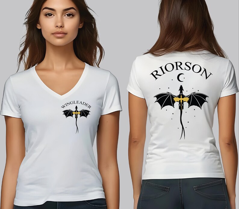 A woman wearing a white t-shirt with a dragon design and the text "Riorson" printed on the back.