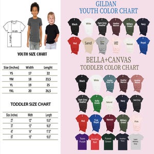 The image is a colorful youth size chart and toddler color chart, providing sizes and color options for various age groups.