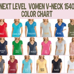 The image is a color chart featuring various women's v-neck tops in different colors, including red, blue, turquoise, silver, royal, green, mint, navy, green, indigo, hot pink, heather, desert pink, banana, and black.