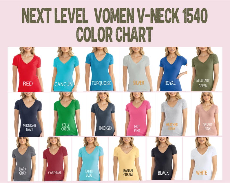 The image is a color chart featuring various women's v-neck tops in different colors, including red, blue, turquoise, silver, royal, green, mint, navy, green, indigo, hot pink, heather, desert pink, banana, and black.