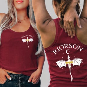 A woman wearing a red tank top with a dragon design and the text "Riorson C" printed on it.