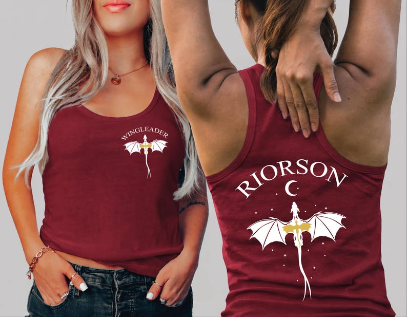 A woman wearing a red tank top with a dragon design and the text "Riorson C" printed on it.
