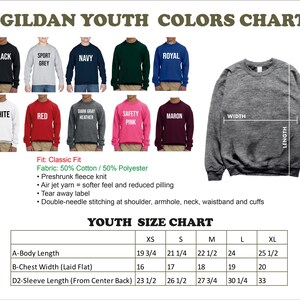 The image is a colorful youth colors chart and a youth size chart, both providing information about the sizes and fits of various clothing items.
