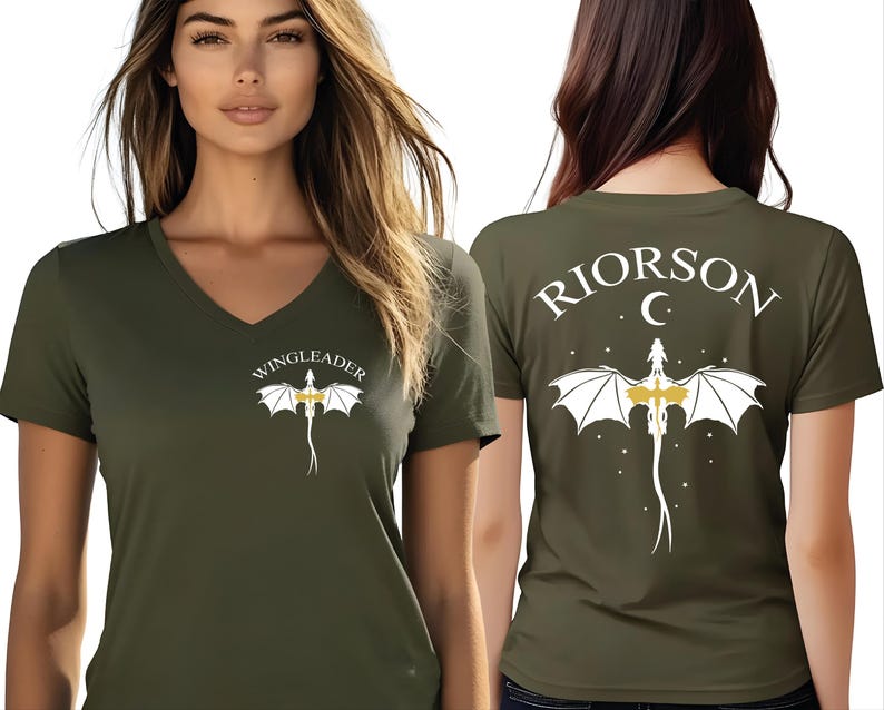A woman wearing a green t-shirt with a white dragon design and the text "WINGLEADERRI" printed on it.