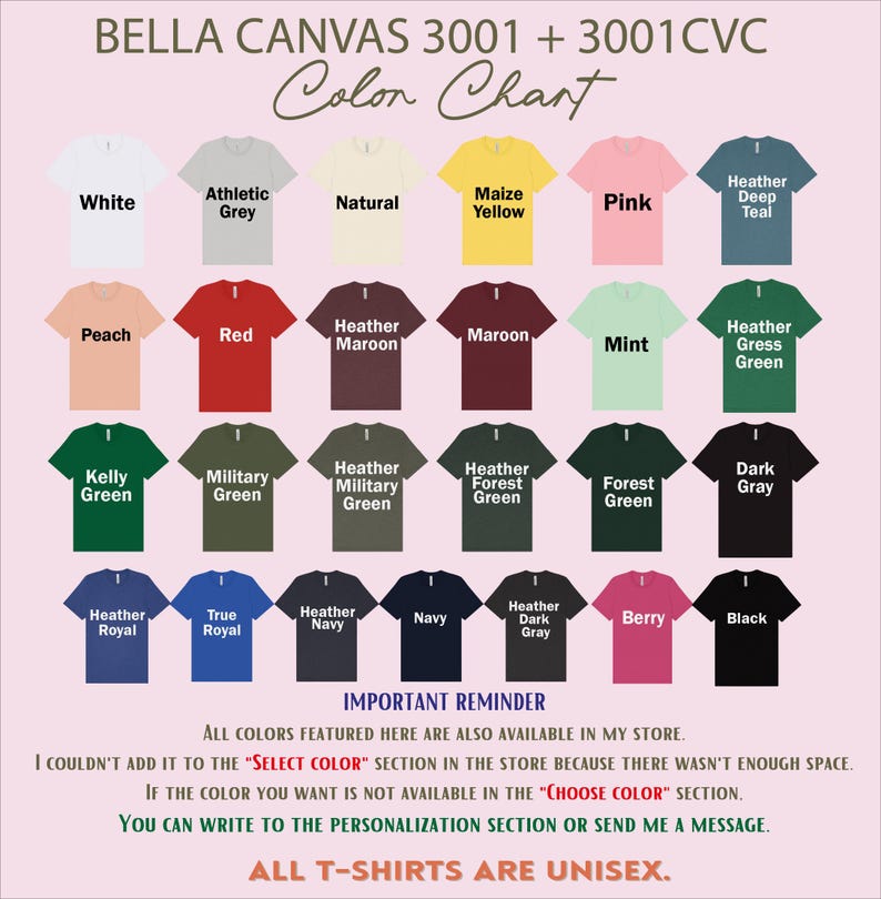 a color chart for various t-shirt colors, including white, athletic grey, natural, Maize Yellow, pink, peach, red, maroon, mint, green, forest green, dark grey, and berry. The chart provides a visual representation of the different color options available for t-shirt designs.
