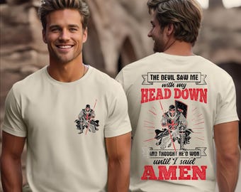 Camiseta "El diablo me vio", camiseta de caballero cristiano, regalo de oración de amén, diseño religioso en la parte delantera y trasera.