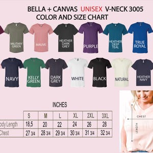The image is a color and size chart for a collection of t-shirts, including various colors and sizes.