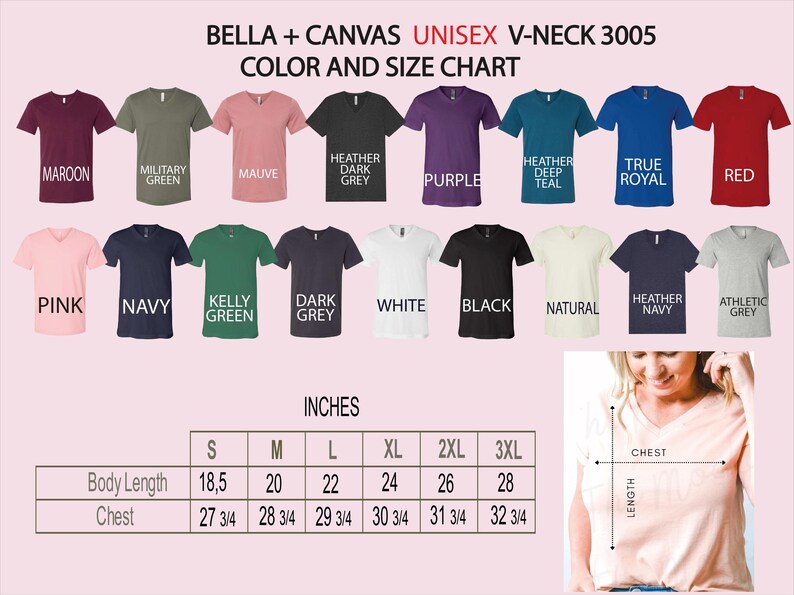 The image is a color and size chart for a collection of t-shirts, including various colors and sizes.
