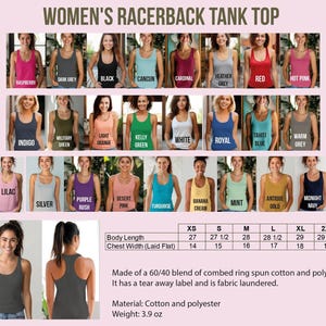 The image is a collage of various women's tank tops in different colors and styles, along with a table providing size and color information for each tank top.