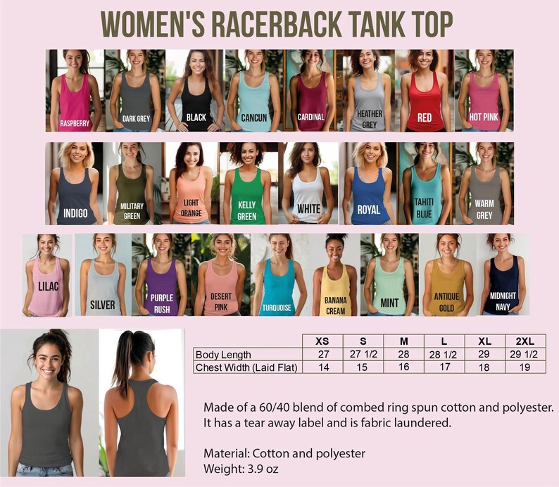 The image is a collage of various women's tank tops in different colors and styles, along with a table providing size and color information for each tank top.