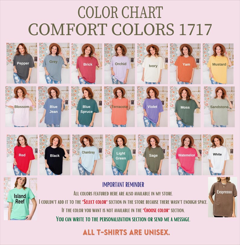 The image is a color chart displaying various comfort colors, including shades of grey, green, orange, pink, and more. The chart is titled "COLOR CHART COMFORT COLORS 1717" and includes a section for a personalization message.