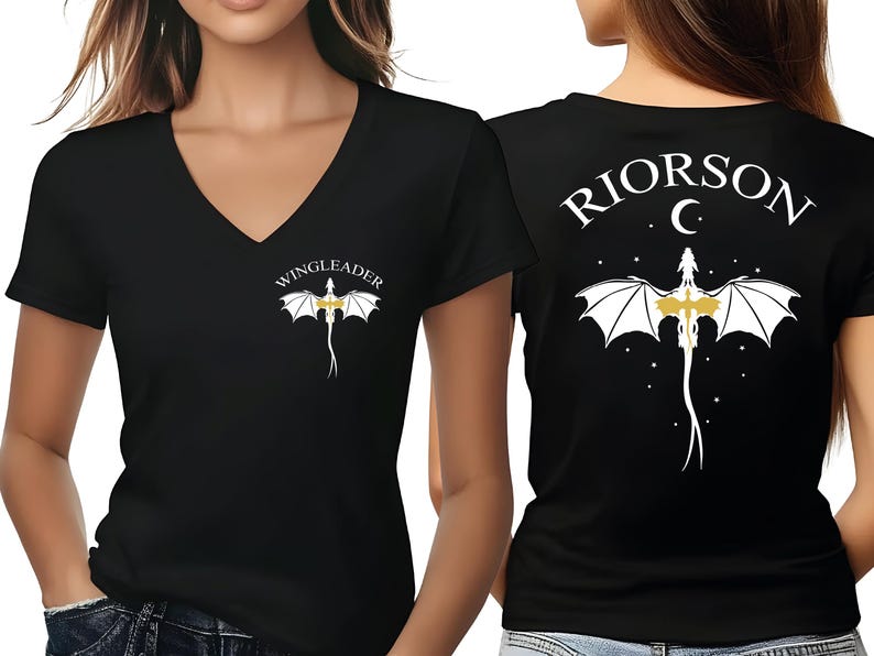 A woman wearing a black t-shirt with a white dragon design and the text "WINGLEADER" printed on it.