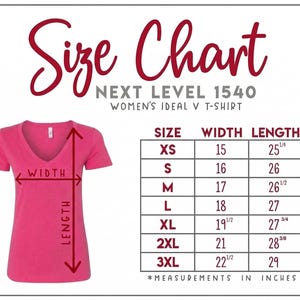 The image is a size chart for a women's ideal v-shirt, showing the measurements for different sizes.