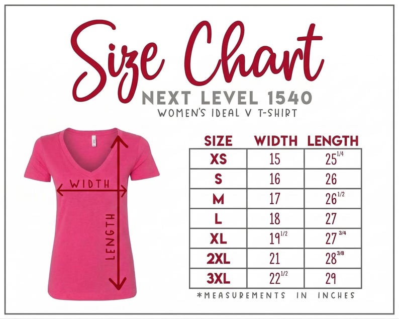 The image is a size chart for a women's ideal v-shirt, showing the measurements for different sizes.