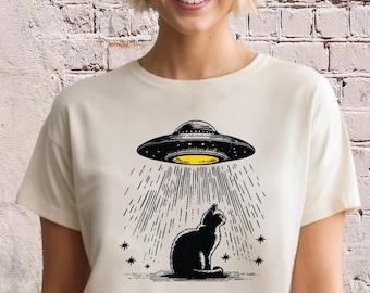 UFO Cat Comfort Colors Shirt, Alien Oversized Graphic Tee