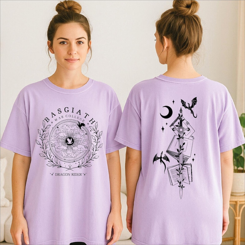 A woman wearing a purple t-shirt with a graphic design on the front and a back featuring a black illustration of a dragon and other symbols.