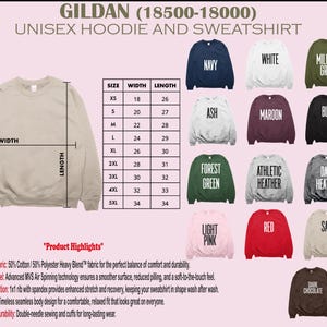The image is a collage of various unisex hoodie and sweatshirt designs, including sizes, colors, and styles, along with their corresponding measurements.