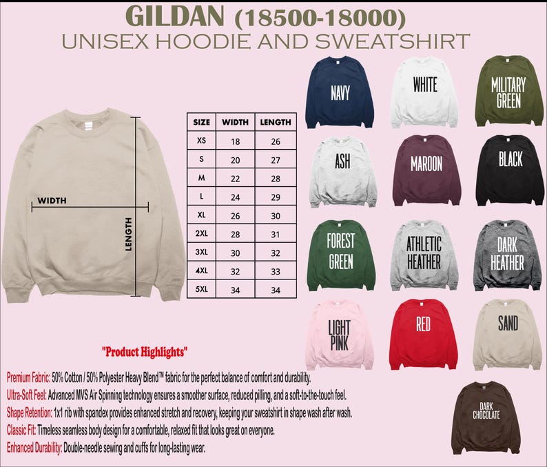 The image is a collage of various unisex hoodie and sweatshirt designs, including sizes, colors, and styles, along with their corresponding measurements.
