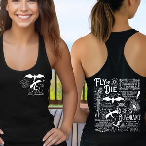 May include: Black tank top with a white dragon graphic on the front and a detailed design on the back. The back design includes text and illustrations of dragons, swords, and moons. The text includes the words "FLY OR DIE" and "RIDERS QUADRANT".