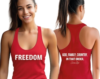 Camiseta Freedom Racerback / Dios Familia País Charlie Kirk / Cuello en V patriótico americano / Camiseta sin mangas RIP Charlie Kirk / Viste de rojo por Charlie Kirk