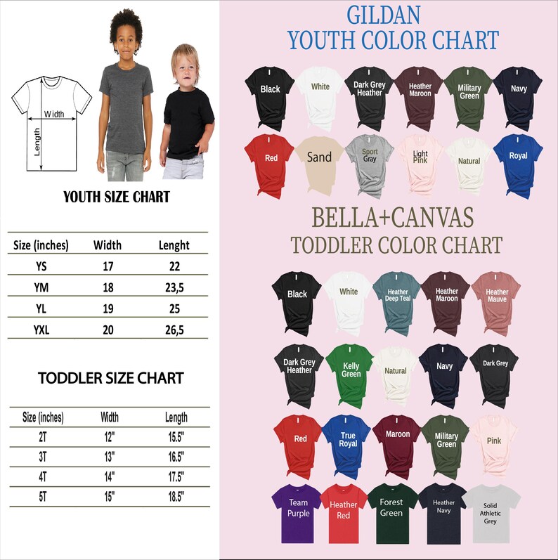 The image is a colorful youth size chart and toddler color chart, providing sizes and color options for various age groups.