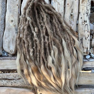 Könnte beinhalten: Ein Set Dreadlocks in Braun- und Blondtönen. Die Dreadlocks sind dick und strukturiert, mit einem natürlichen, welligen Aussehen. Das Haar liegt auf einer Holzoberfläche, wodurch der Farbverlauf von dunkel nach hell hervorgehoben wird.