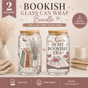 Puede incluir: Un paquete digital de dos diseños para vasos tipo lata Libbey de 473 ml. Los diseños incluyen ilustraciones de libros apilados, ramos de flores, mariposas, una luna creciente y el texto IN MY BOOKISH ERA en una paleta de colores tierra.